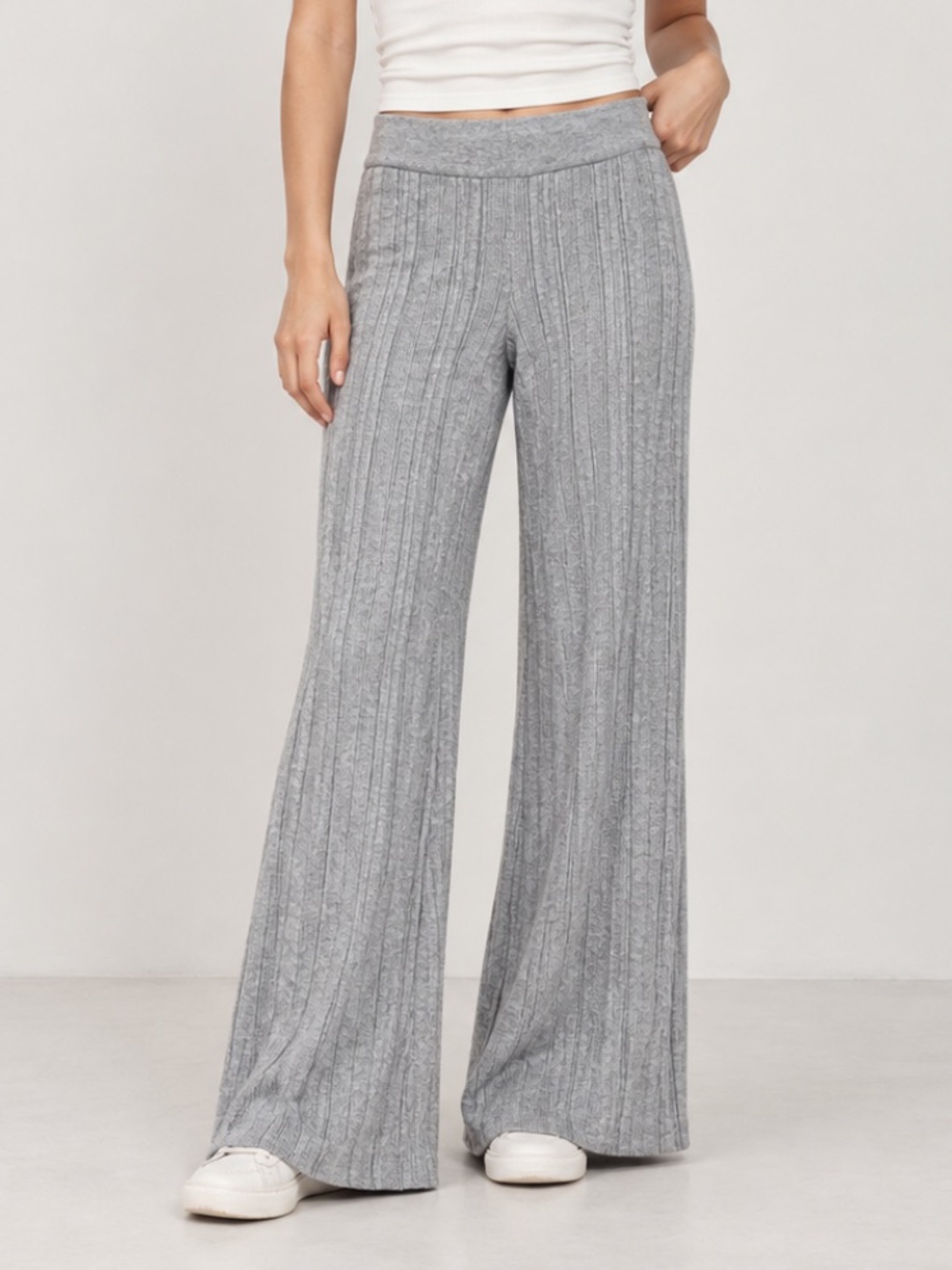 Aerie Ribbed Knit High Rise Pull-On Flared Wide Leg Pant Lounge Grey Small